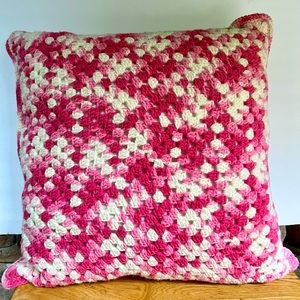 Handcrafted Crochet Pink Pillow Cottage Dorm Decor Granny Square Stitch Yarn